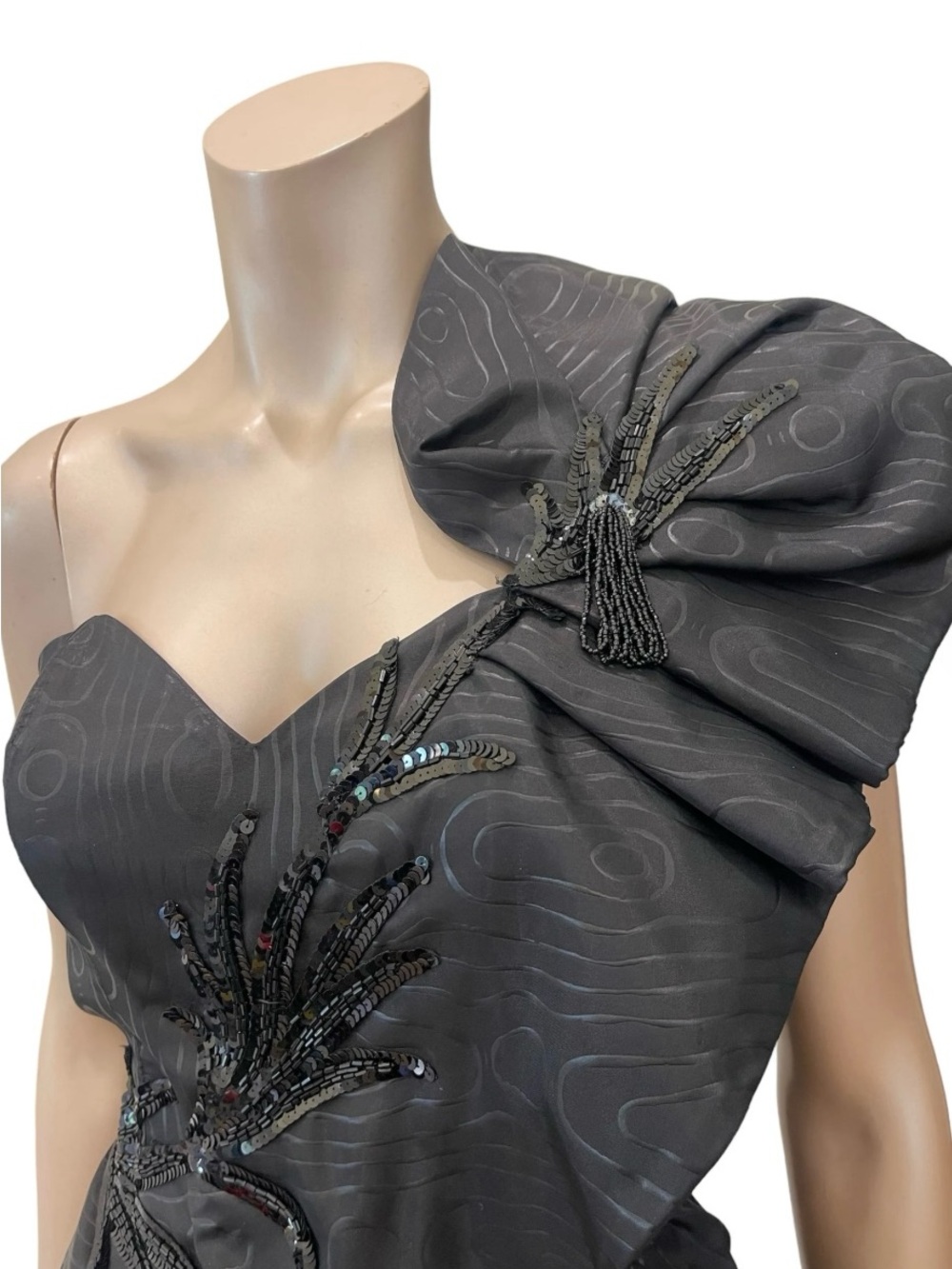 One-Shoulder Cap’S 1970’s/80’s Evening Dress with Sculpted Bow and Sequin Detail